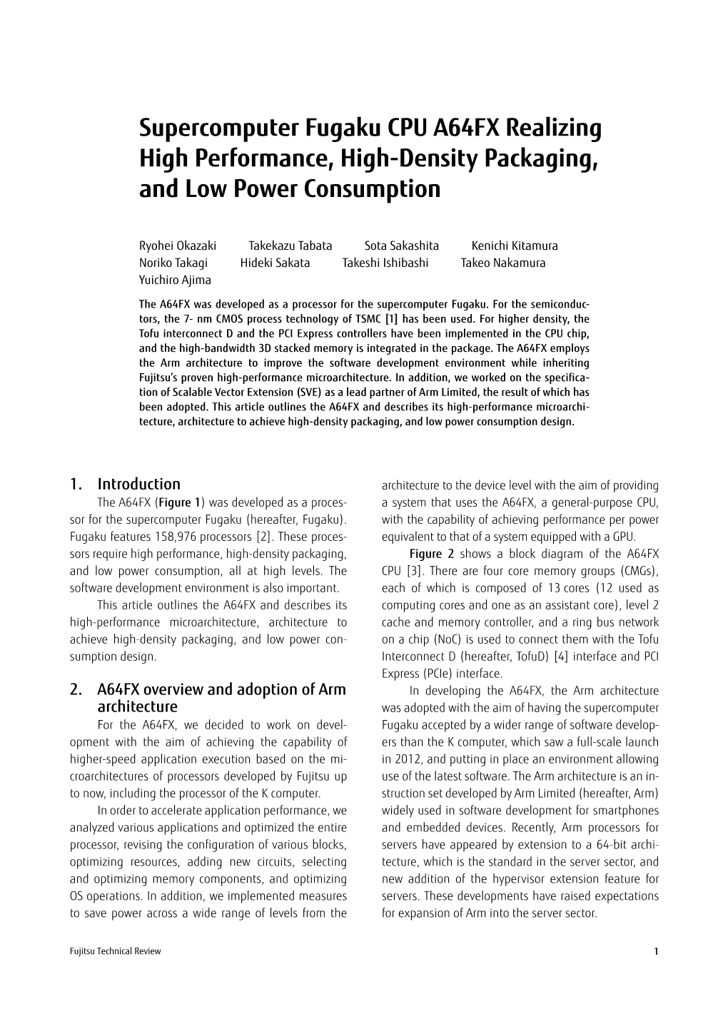 Supercomputer Fugaku CPU A64FX Realizing High Performance, High-Density Packaging, and Low Power Consumption