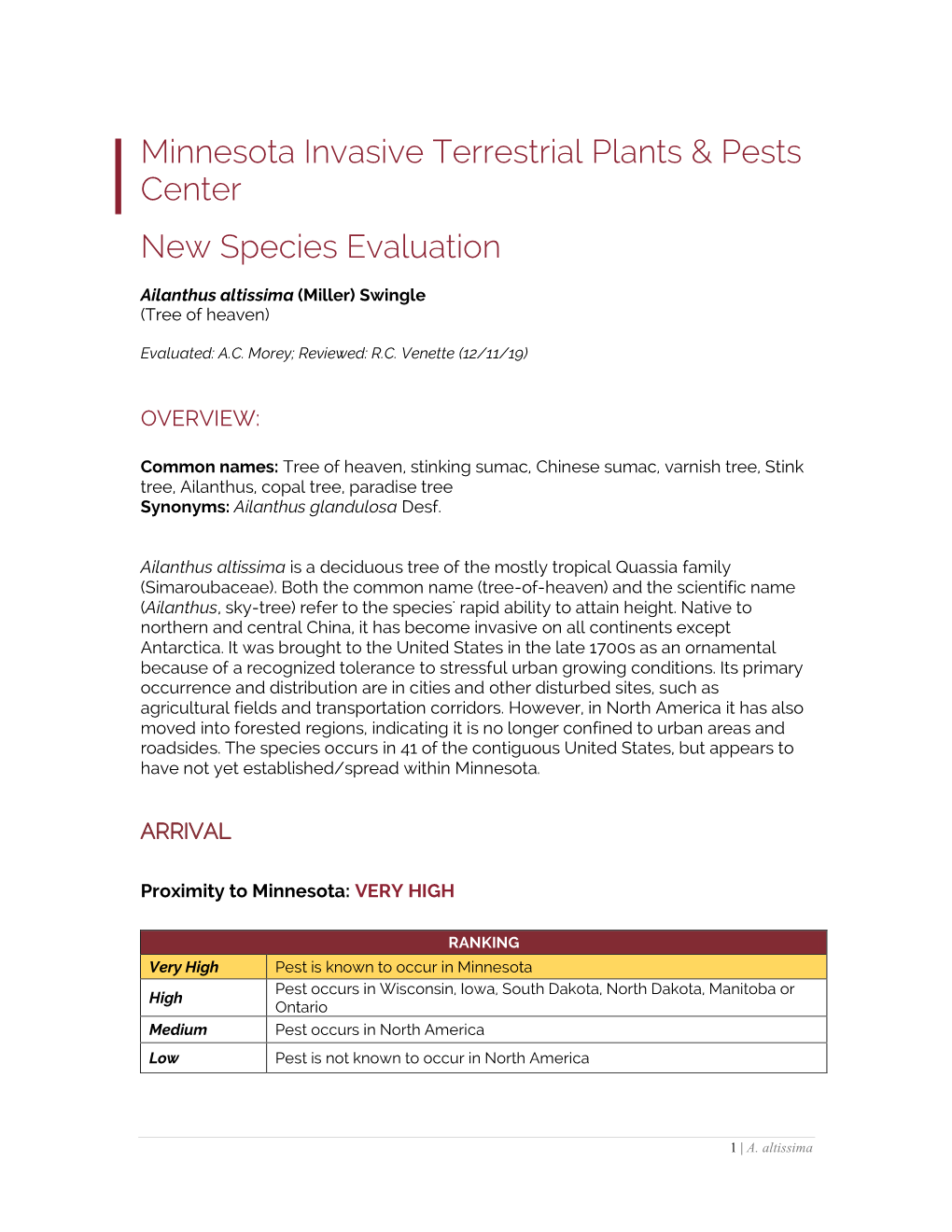 Minnesota Invasive Terrestrial Plants & Pests Center New Species Evaluation