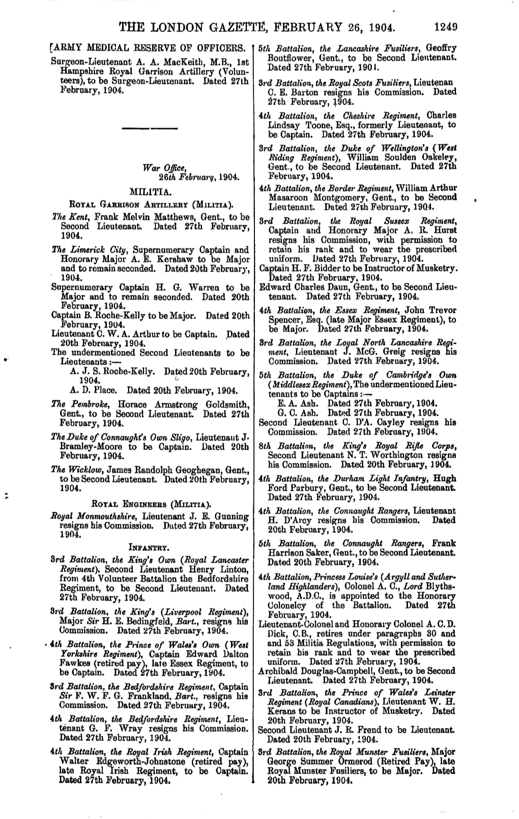 The London Gazette, February 26, 1904. 1249 [Army Medical Reserve of Officers