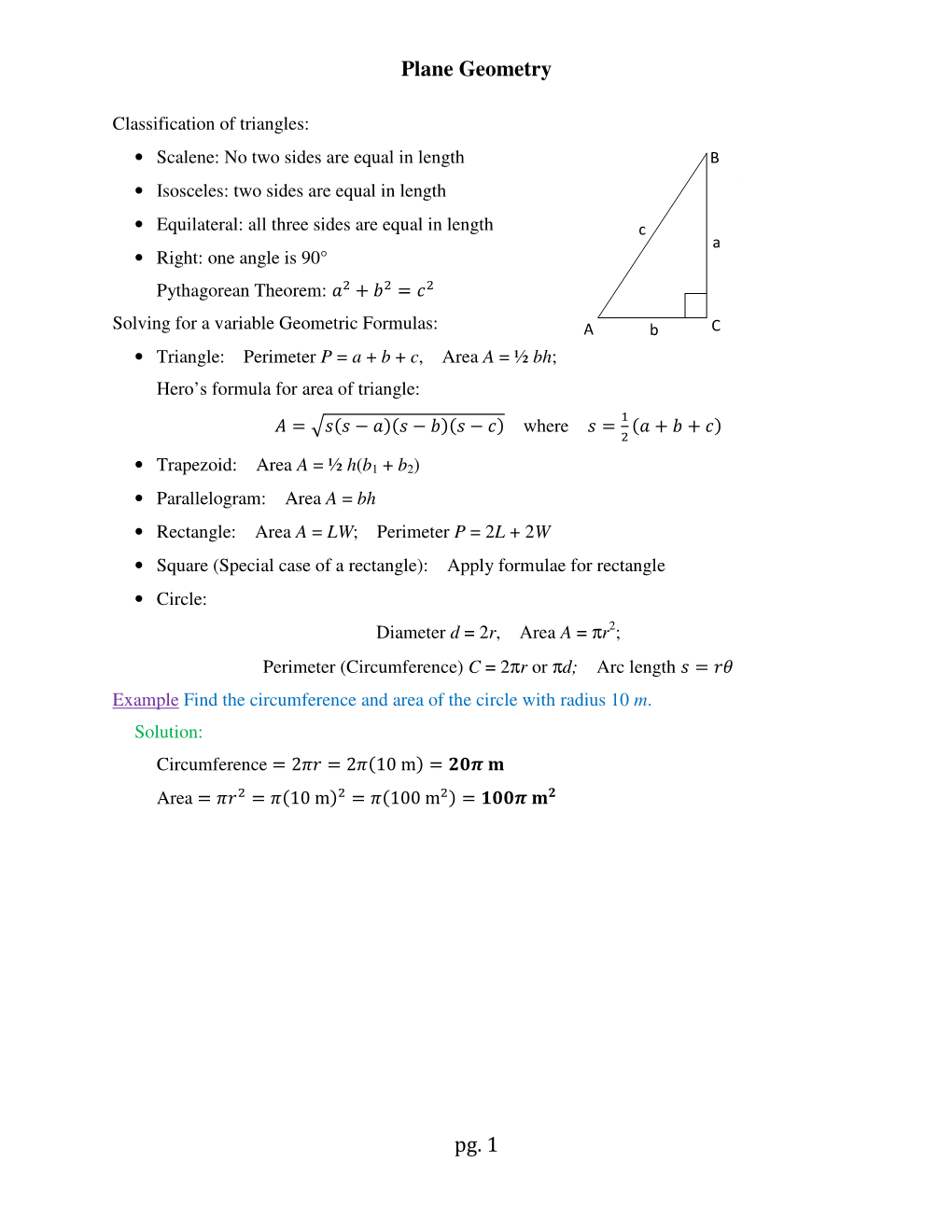 Plane Geometry Pg. 1