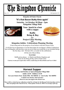 Harvest Supper Sunday 2Nd October at 7Pm in Kingsdon Village Hall