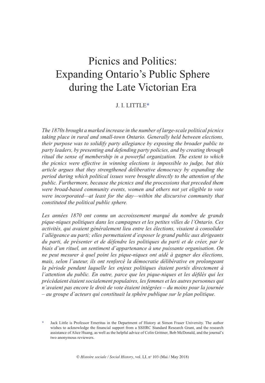 Picnics and Politics: Expanding Ontario's Public Sphere During The