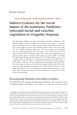 Indirect Evidence for the Social Impact of the Justinianic Pandemic: Episcopal Burial and Conciliar Legislation in Visigothic Hispania