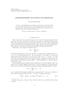 HYPERGEOMETRIC FUNCTIONS and BINOMIALS 1. Introduction