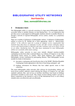 Bibliographic Utility Networks Anup Kumar Das Email: Anupdas2072@Hotmail.Com