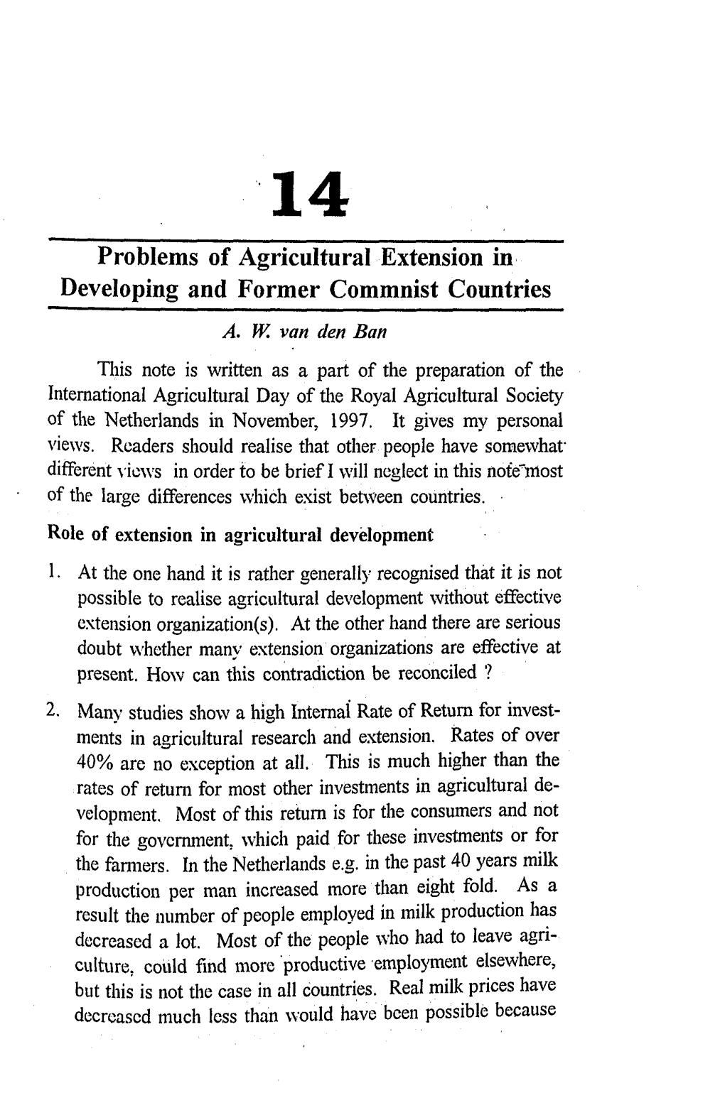 Problems of Agricultural Extension in Developing and Former Commnist Countries A