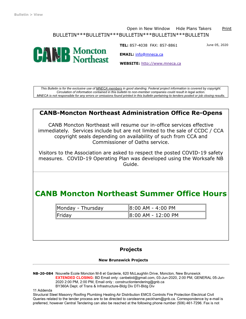 CANB Moncton Northeast Summer Office Hours