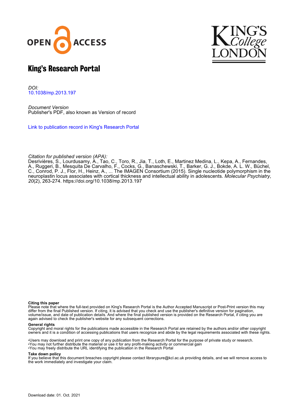 Single Nucleotide Polymorphism in the Neuroplastin Locus Associates with Cortical Thickness and Intellectual Ability in Adolescents