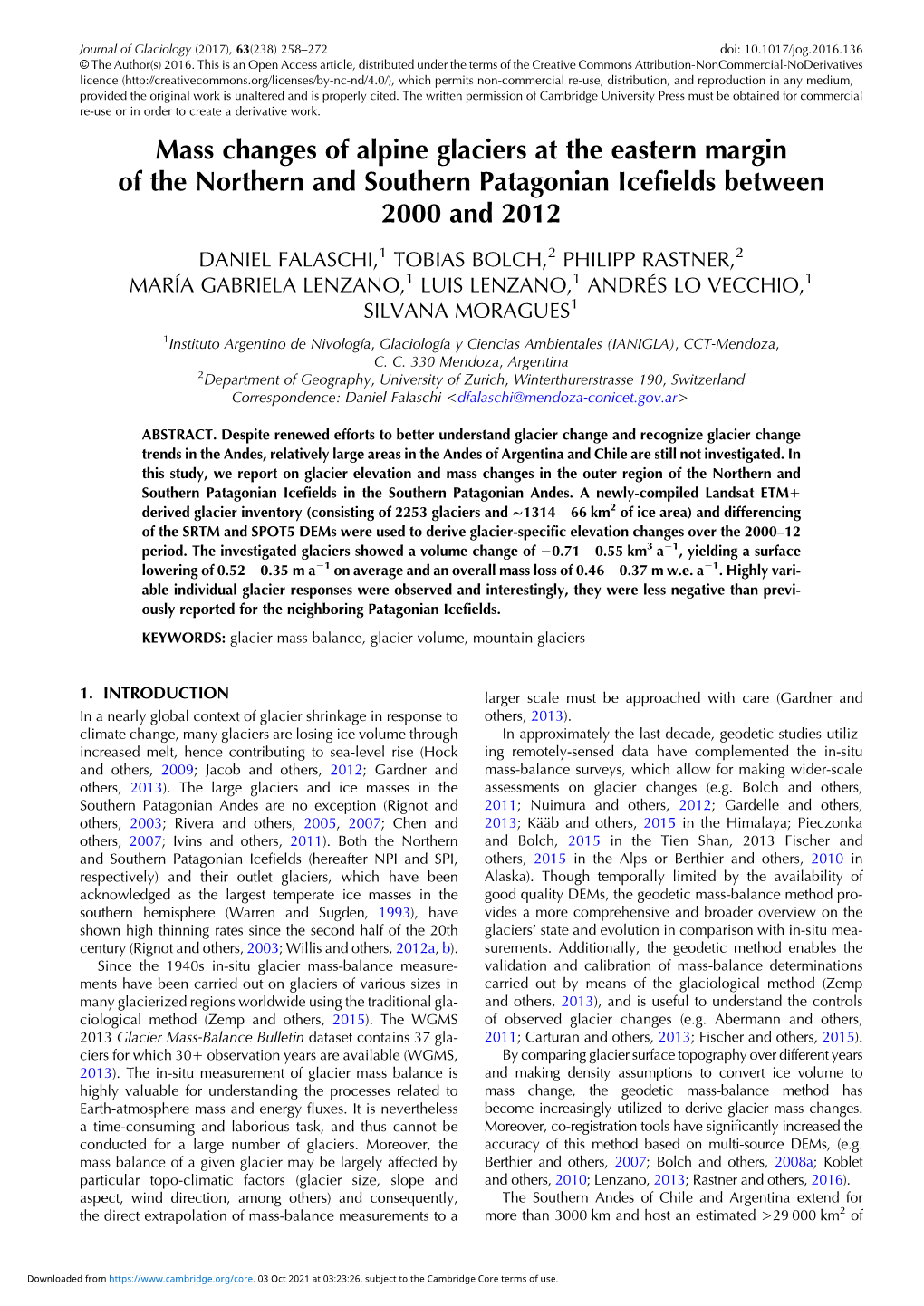 Mass Changes of Alpine Glaciers at the Eastern Margin of the Northern and Southern Patagonian Icefields Between 2000 and 2012