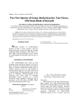 Two New Species of Genus Mediorhynchus Van Cleave, 1916 from Birds of Karachi
