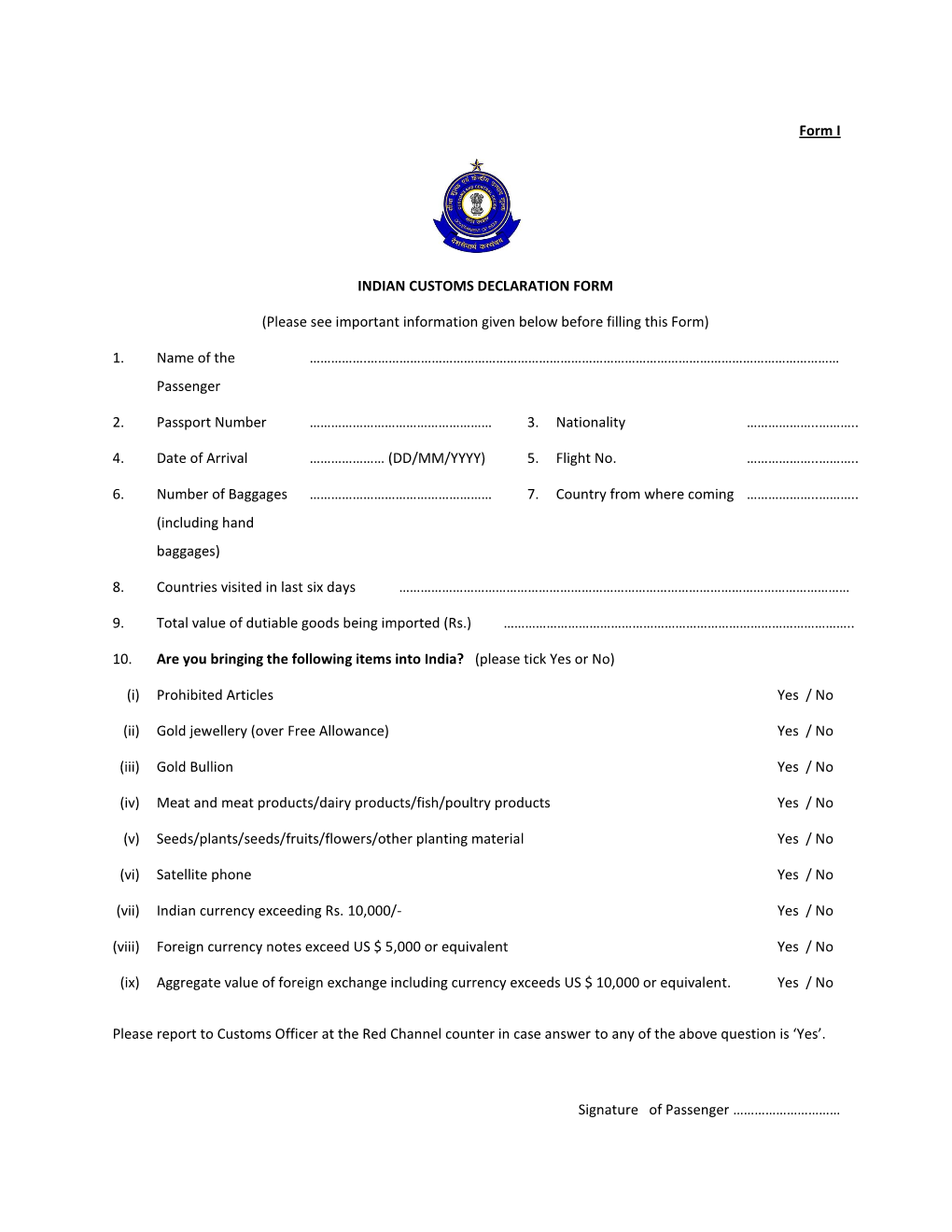 Form I INDIAN CUSTOMS DECLARATION FORM