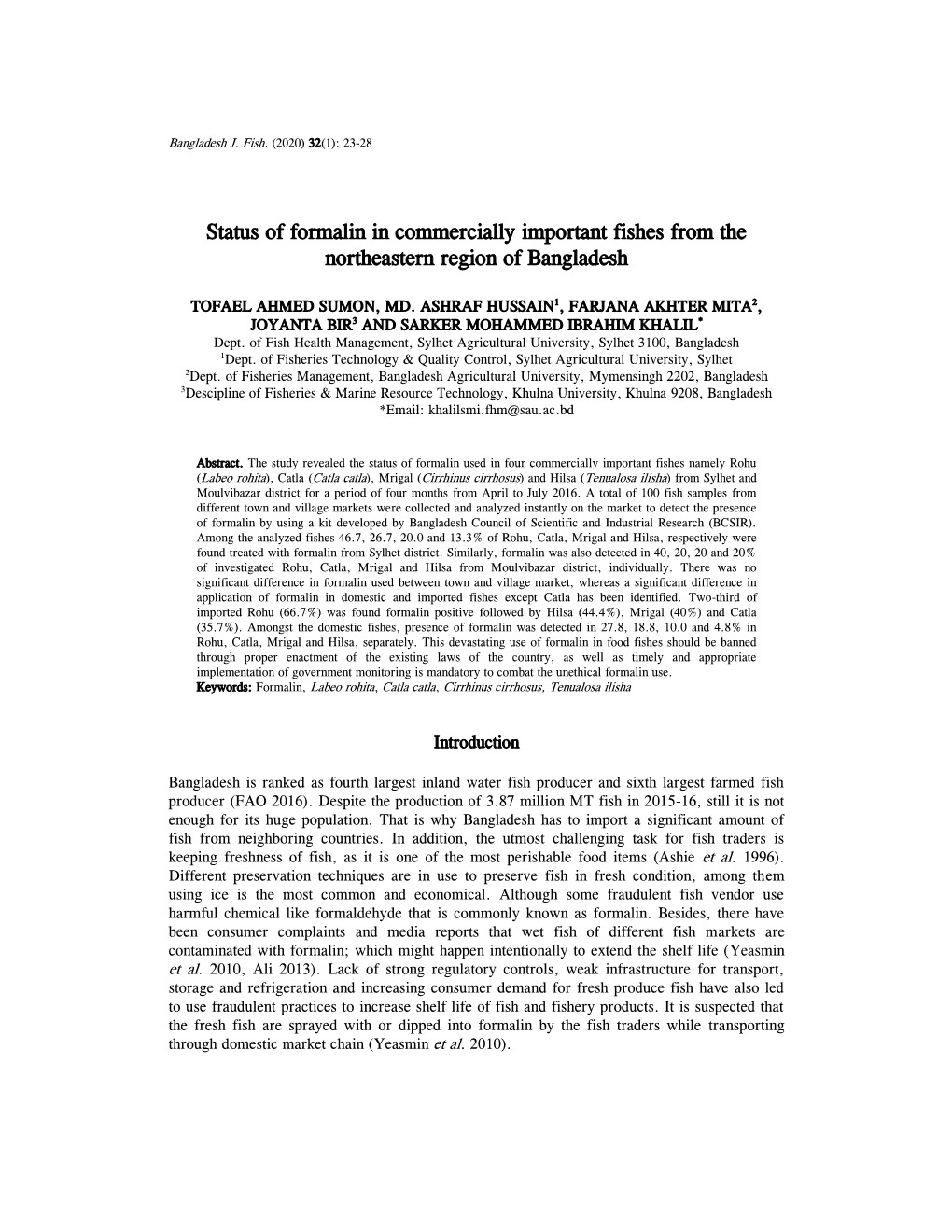 Status of Formalin in Commercially Important Fishes from the Northeastern Region of Bangladesh