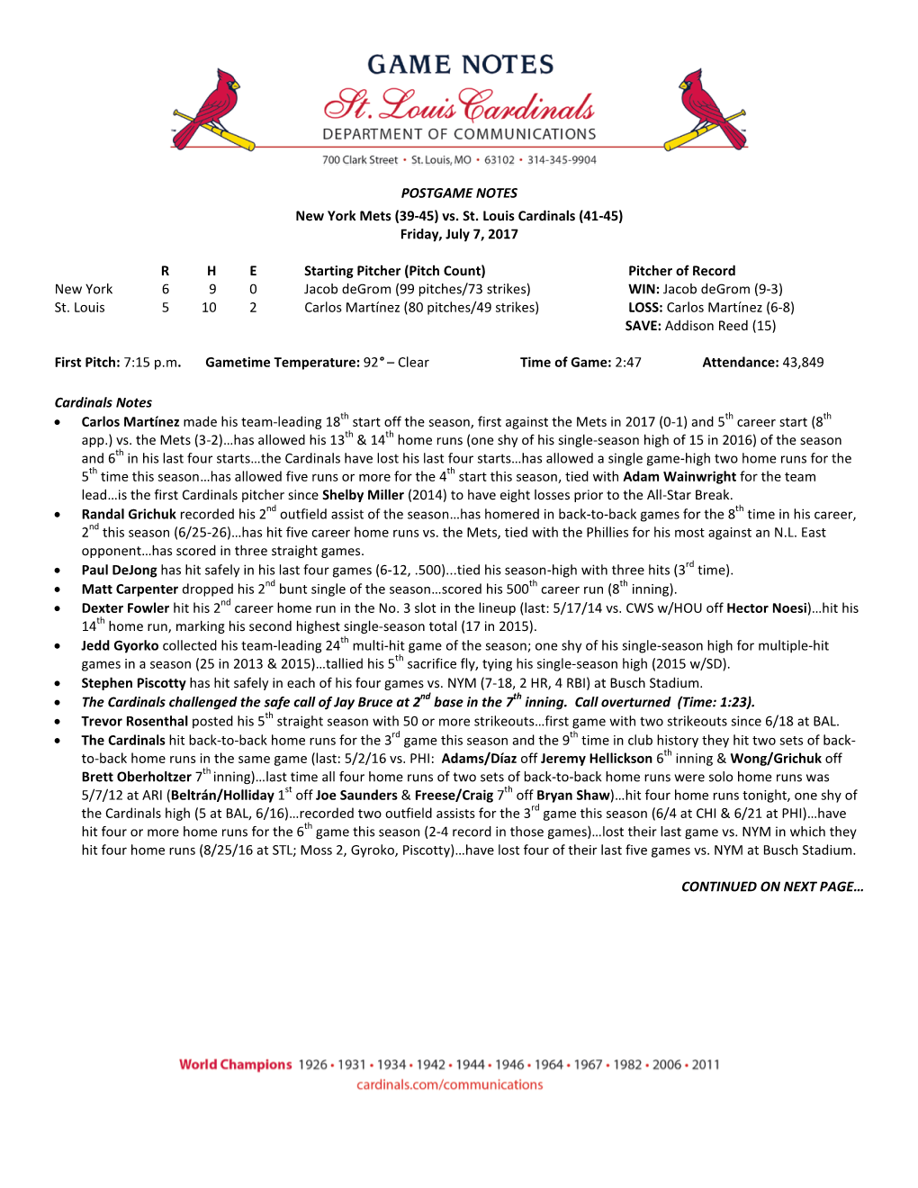 POSTGAME NOTES New York Mets (39-45) Vs. St. Louis Cardinals (41-45) Friday, July 7, 2017