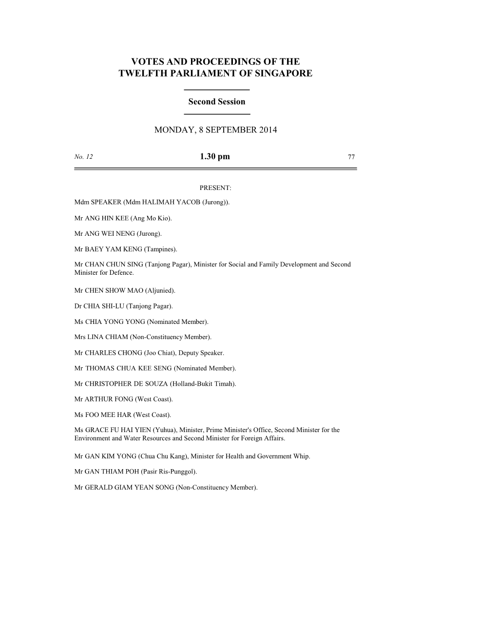 Votes and Proceedings of the Twelfth Parliament of Singapore