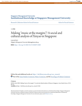 A Social and Cultural Analysis of Xinyao in Singapore Lily KONG Singapore Management University, Lilykong@Smu.Edu.Sg DOI
