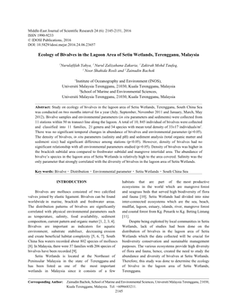 Ecology of Bivalves in the Lagoon Area of Setiu Wetlands, Terengganu, Malaysia