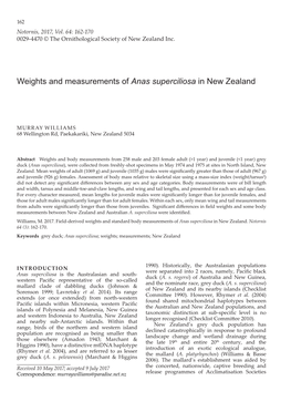 Weights and Measurements of Anas Superciliosa in New Zealand