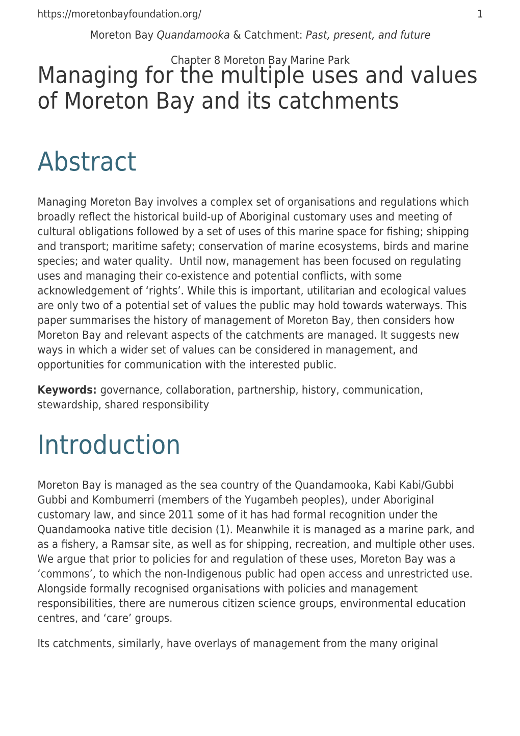 Managing for the Multiple Uses and Values of Moreton Bay and Its Catchments