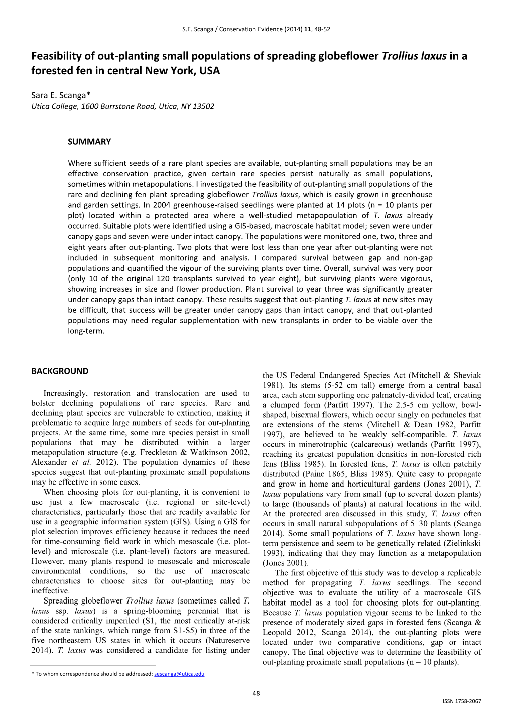 Feasibility of Out-Planting Small Populations of Spreading Globeflower Trollius Laxus in a Forested Fen in Central New York, USA