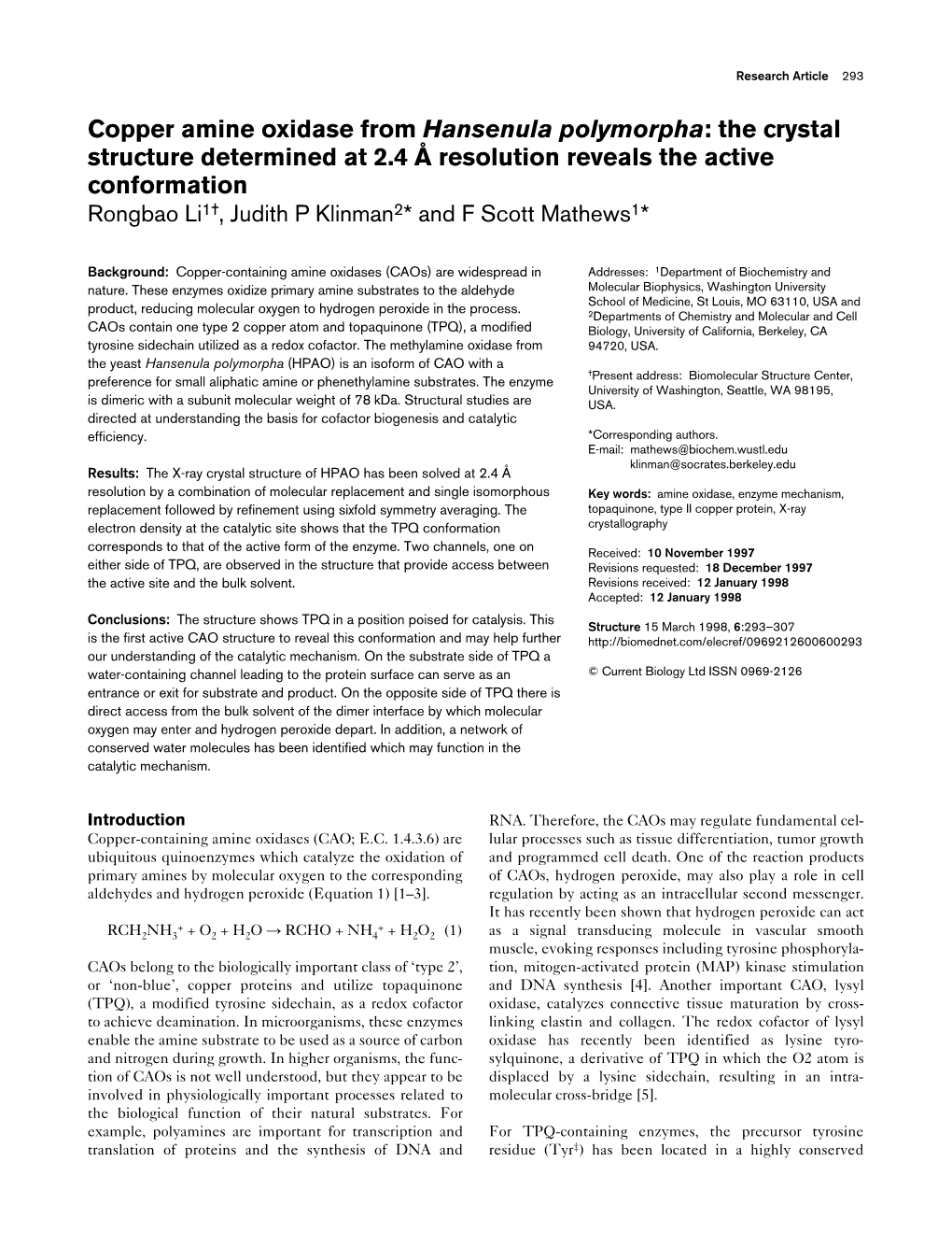 Copper Amine Oxidase from Hansenula Polymorpha