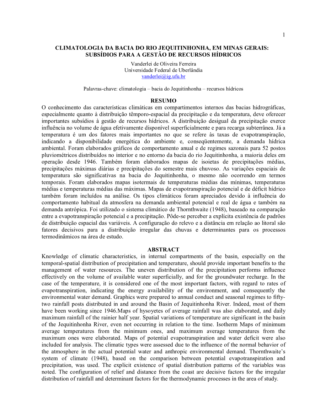 1 Climatologia Da Bacia Do Rio Jequitinhonha, Em Minas Gerais