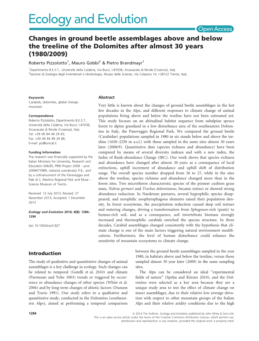 Changes in Ground Beetle Assemblages Above and Below the Treeline of the Dolomites After Almost 30Years (19802009)