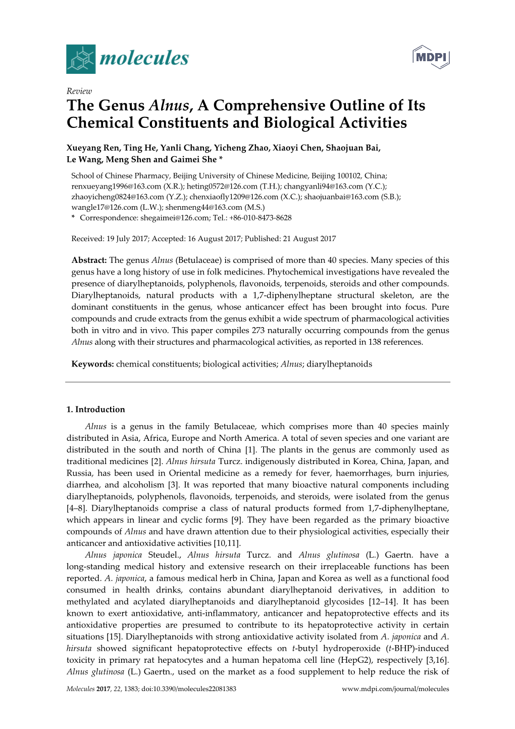 The Genus Alnus, a Comprehensive Outline of Its Chemical Constituents and Biological Activities