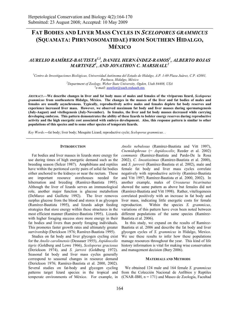 Fat Bodies and Liver Mass Cycles in Sceloporus Grammicus (Squamata: Phrynosomatidae) from Southern Hidalgo, México