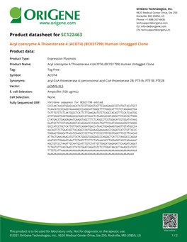 (ACOT4) (BC031799) Human Untagged Clone Product Data