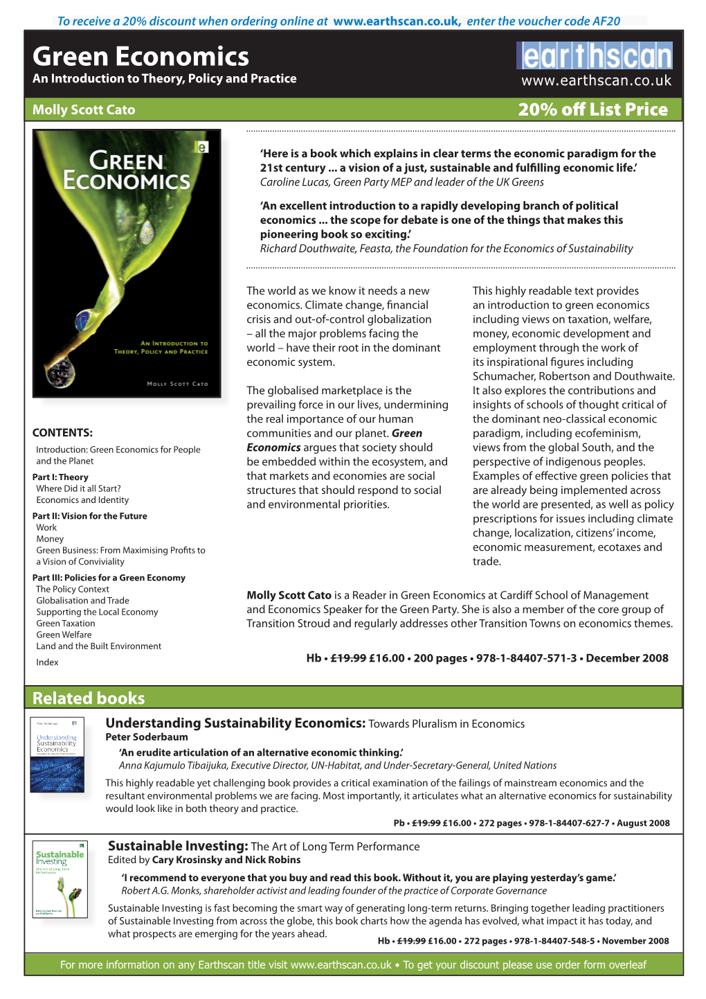 Green Economics an Introduction to Theory, Policy and Practice Molly Scott Cato Molly Scott Cato 20% Off List Price