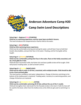 Anderson Adventure Camp H20 Camp Swim Level Descriptions