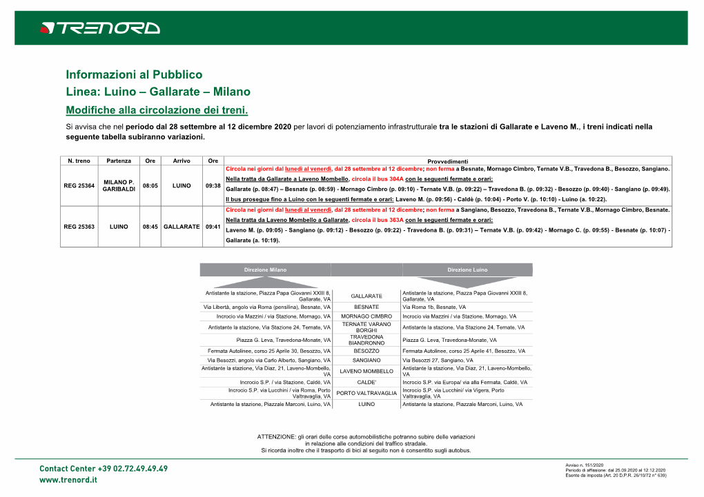Informazioni Al Pubblico Linea: Luino – Gallarate – Milano Modifiche Alla Circolazione Dei Treni