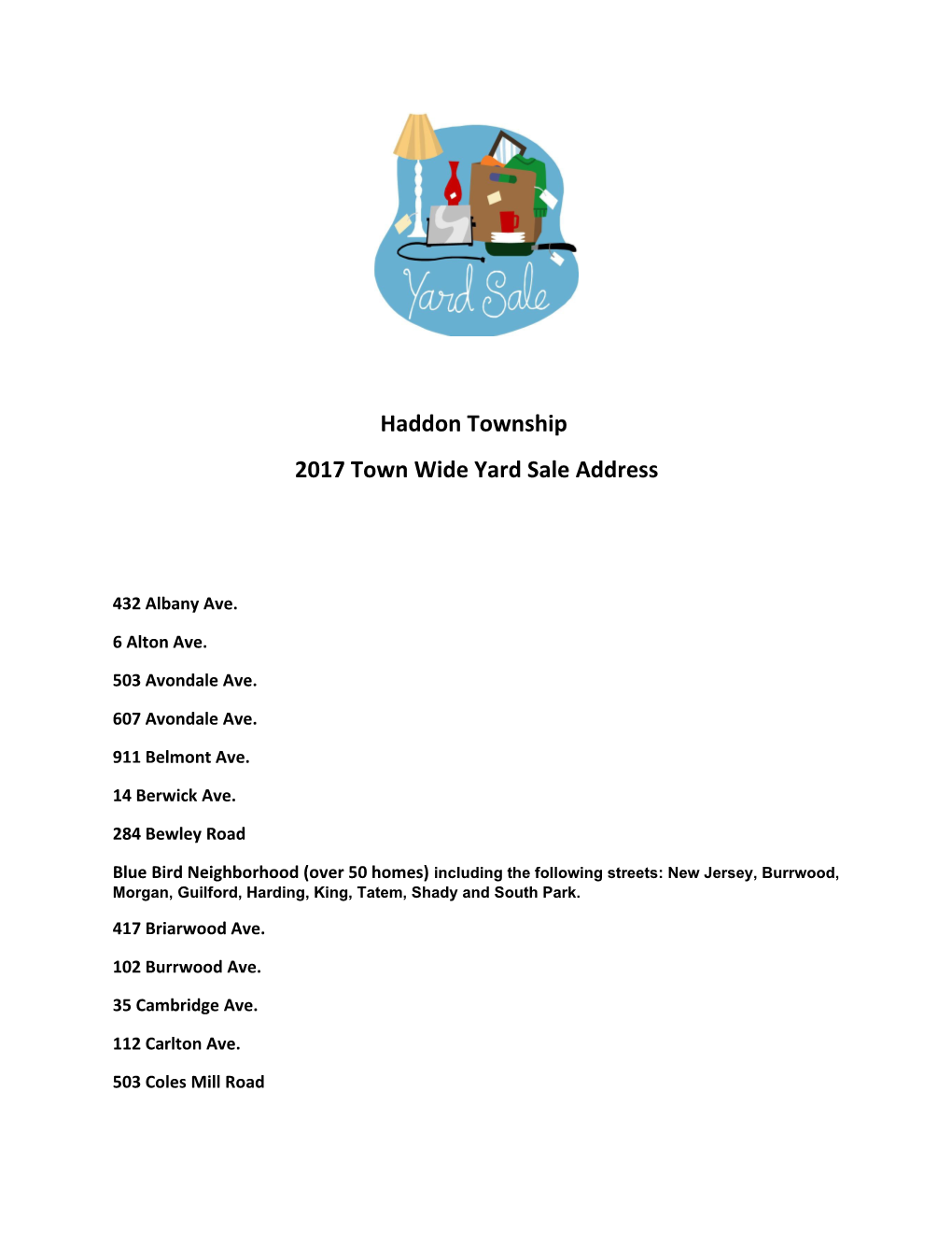 2017 Town Wide Yard Sale Address