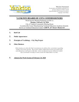 YANKTON BOARD of CITY COMMISSIONERS Work Session Meeting Beginning at 6:00 P.M
