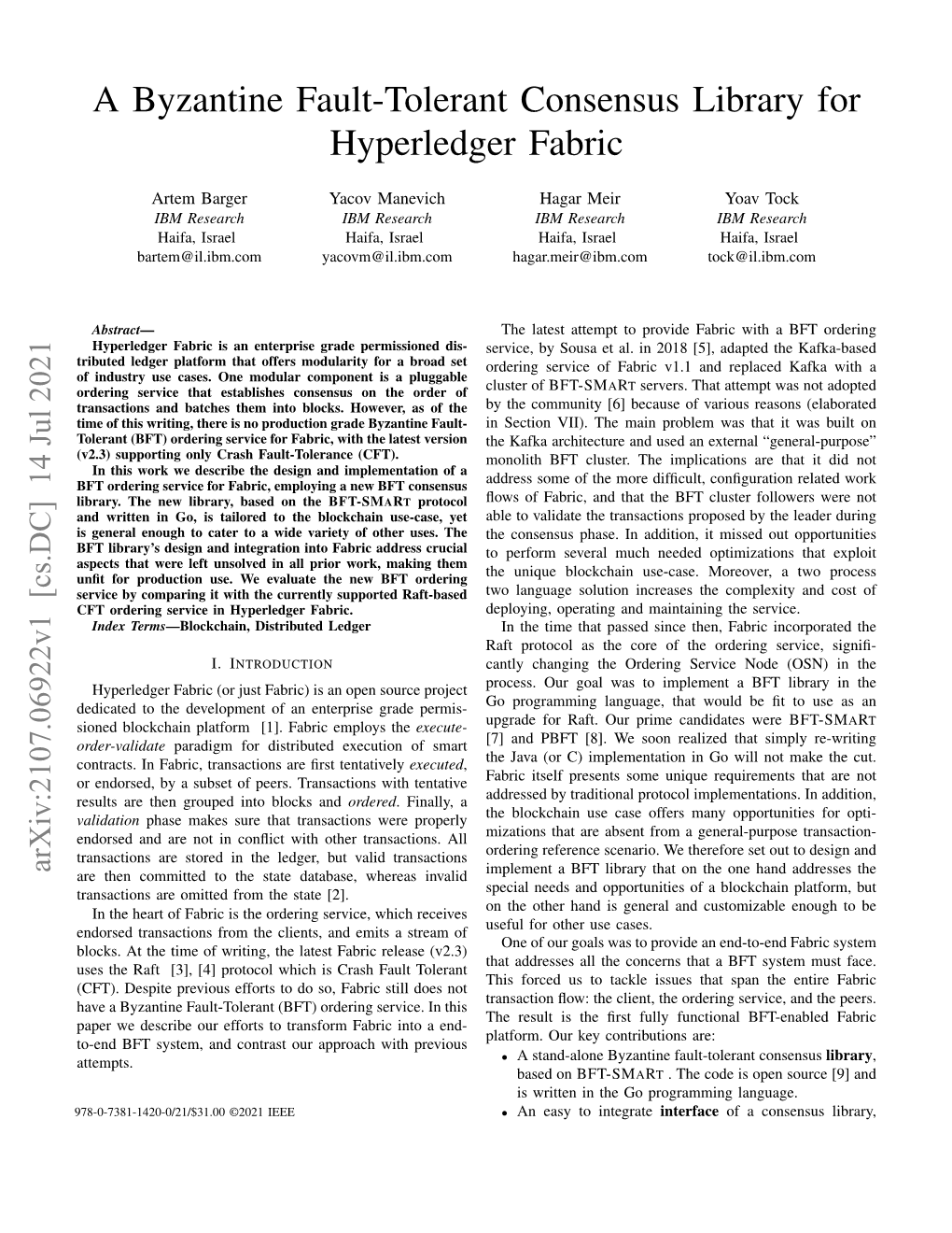 A Byzantine Fault-Tolerant Consensus Library for Hyperledger Fabric