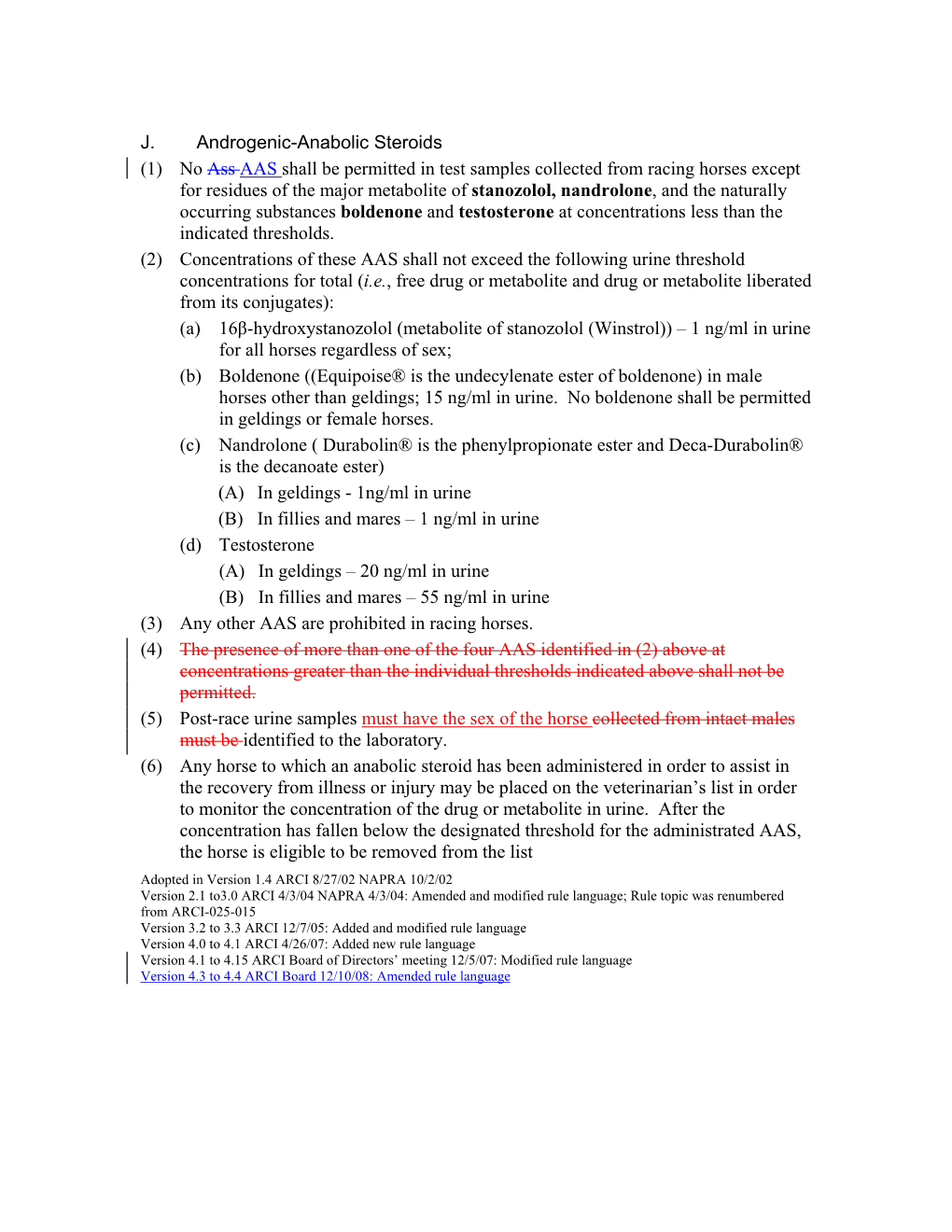 J. Androgenic-Anabolic Steroids (1) No Ass AAS Shall Be Permitted In