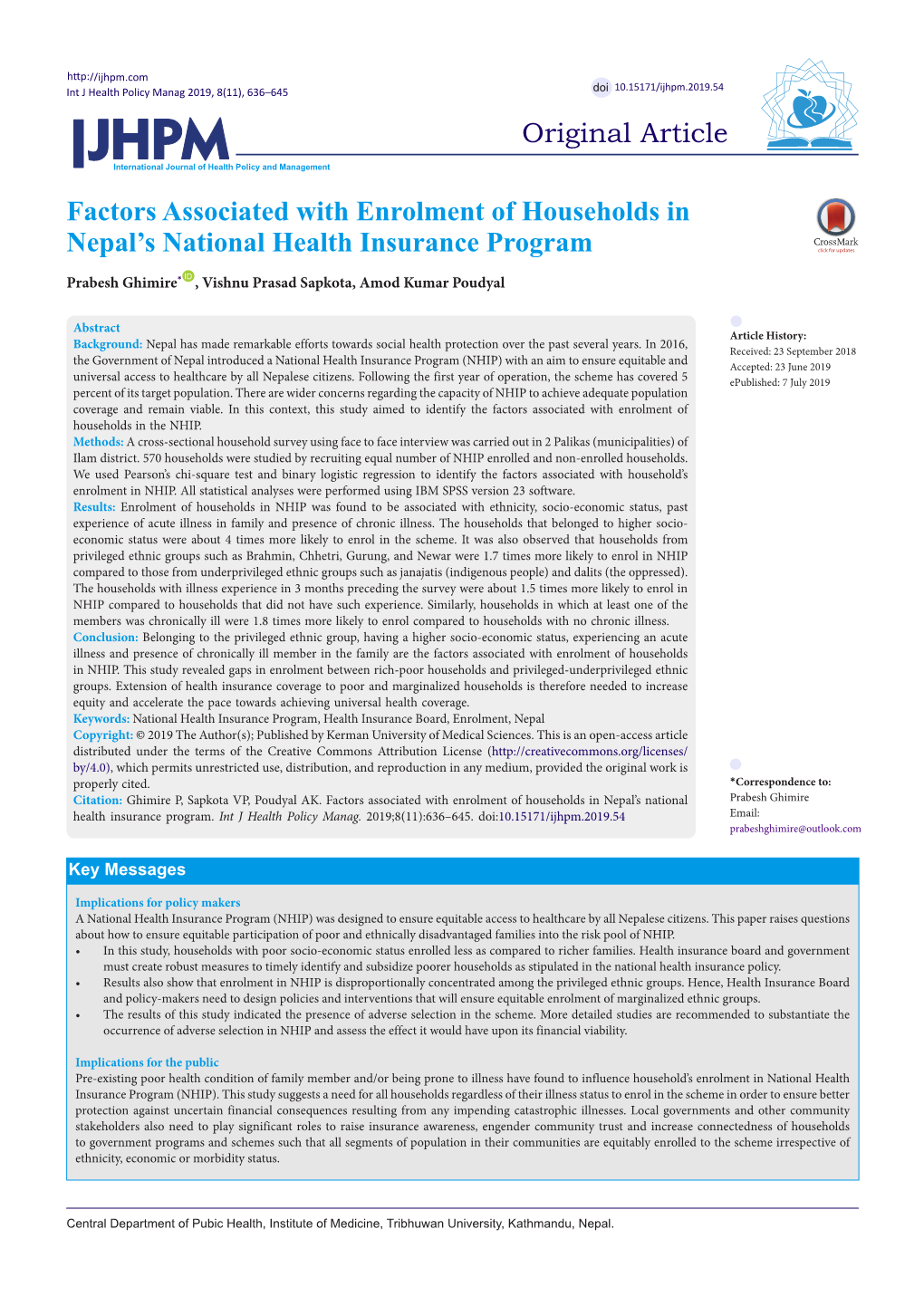 Factors Associated with Enrolment of Households in Nepal's National