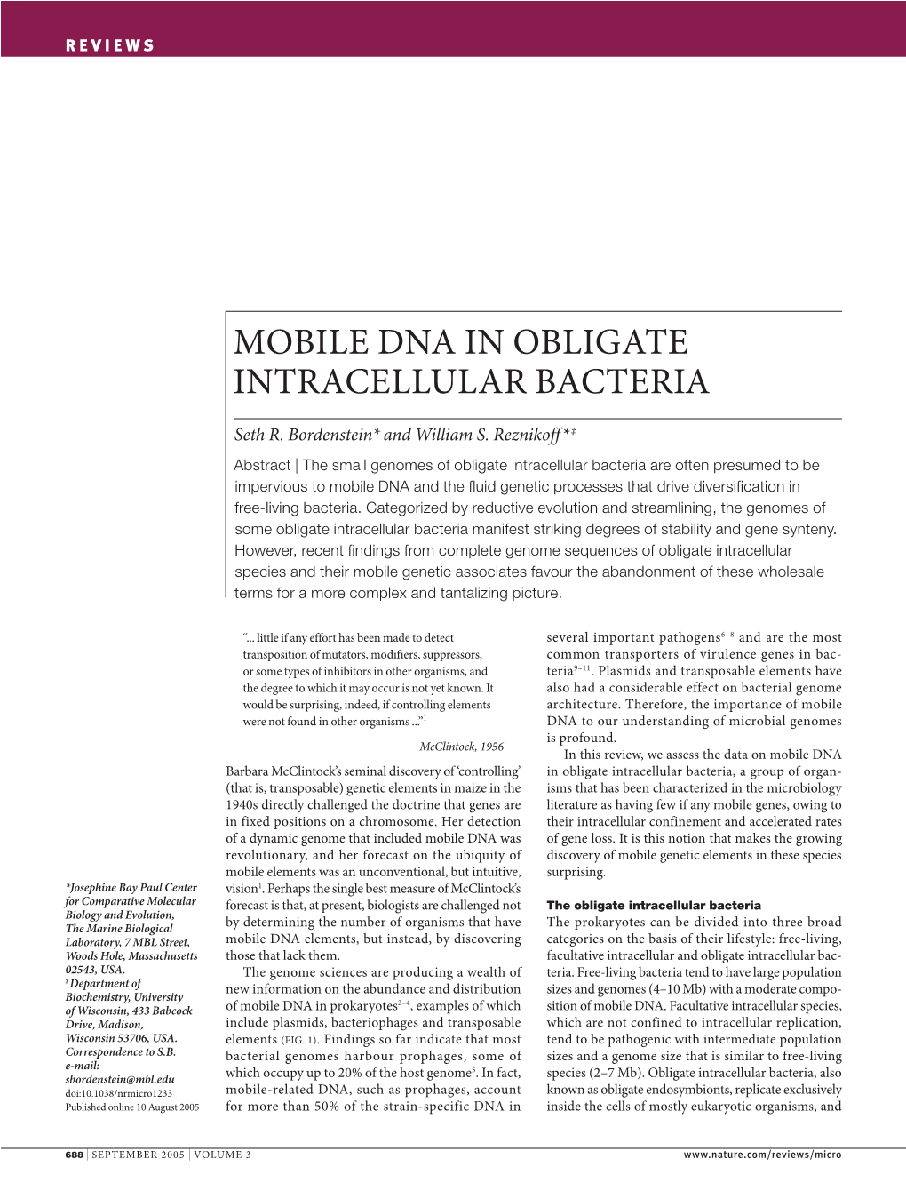 Mobile Dna in Obligate Intracellular Bacteria