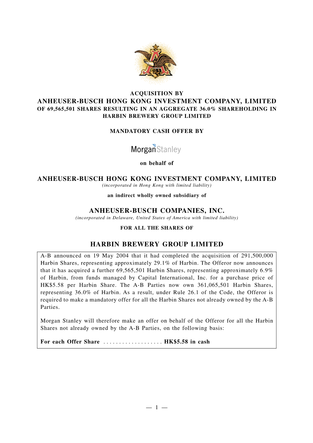 Anheuser-Busch Companies, Inc. Harbin Brewery Group