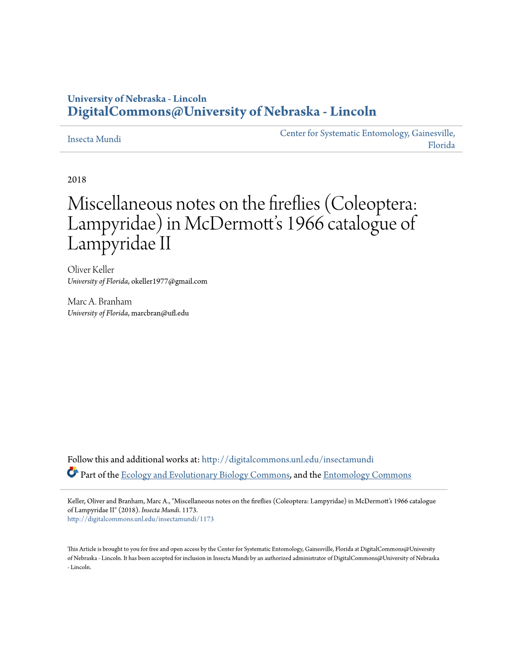 Miscellaneous Notes on the Fireflies (Coleoptera: Lampyridae) in Mcdermott's 1966 Catalogue of Lampyridae II