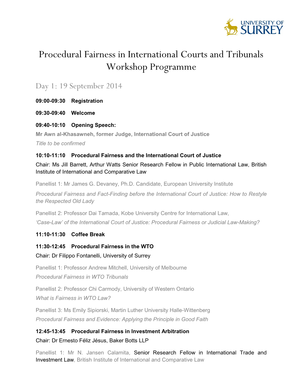 Procedural Fairness in International Courts and Tribunals Workshop Programme