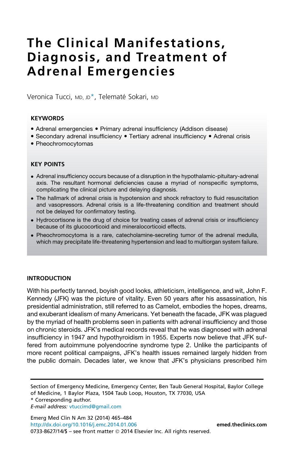 The Clinical Manifestations, Diagnosis, and Treatment of Adrenal Emergencies