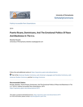 Puerto Ricans, Dominicans, and the Emotional Politics of Race and Blackness in the U.S