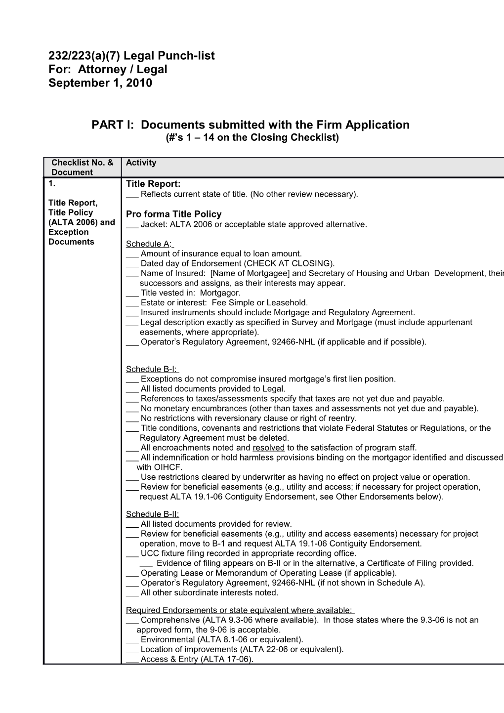 PART I: Documents Submitted with the Firm Application