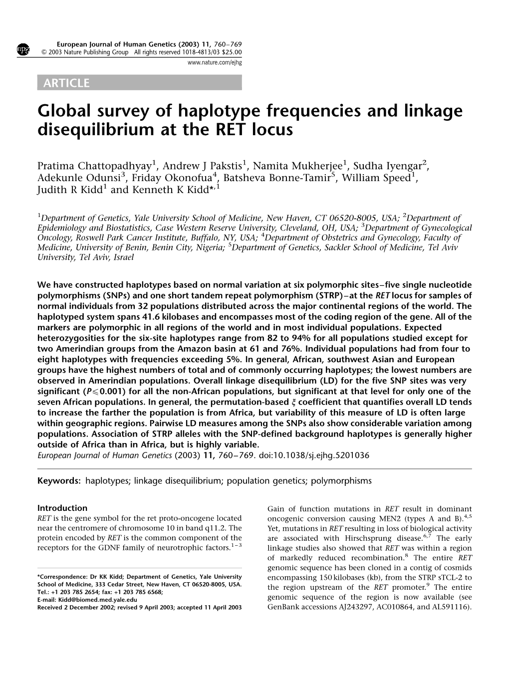 Global Survey of Haplotype Frequencies and Linkage Disequilibrium at the RET Locus