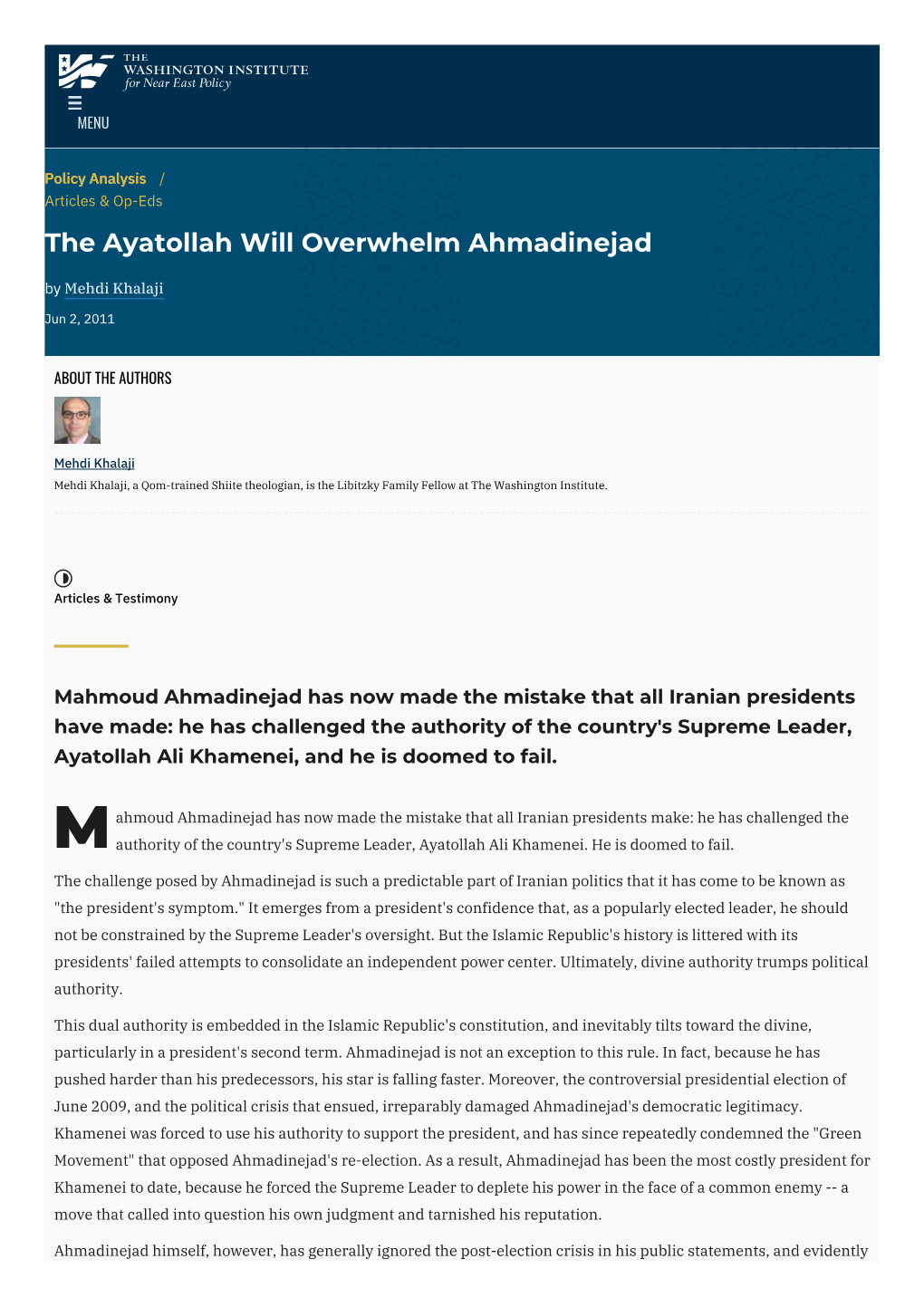 The Ayatollah Will Overwhelm Ahmadinejad | the Washington Institute