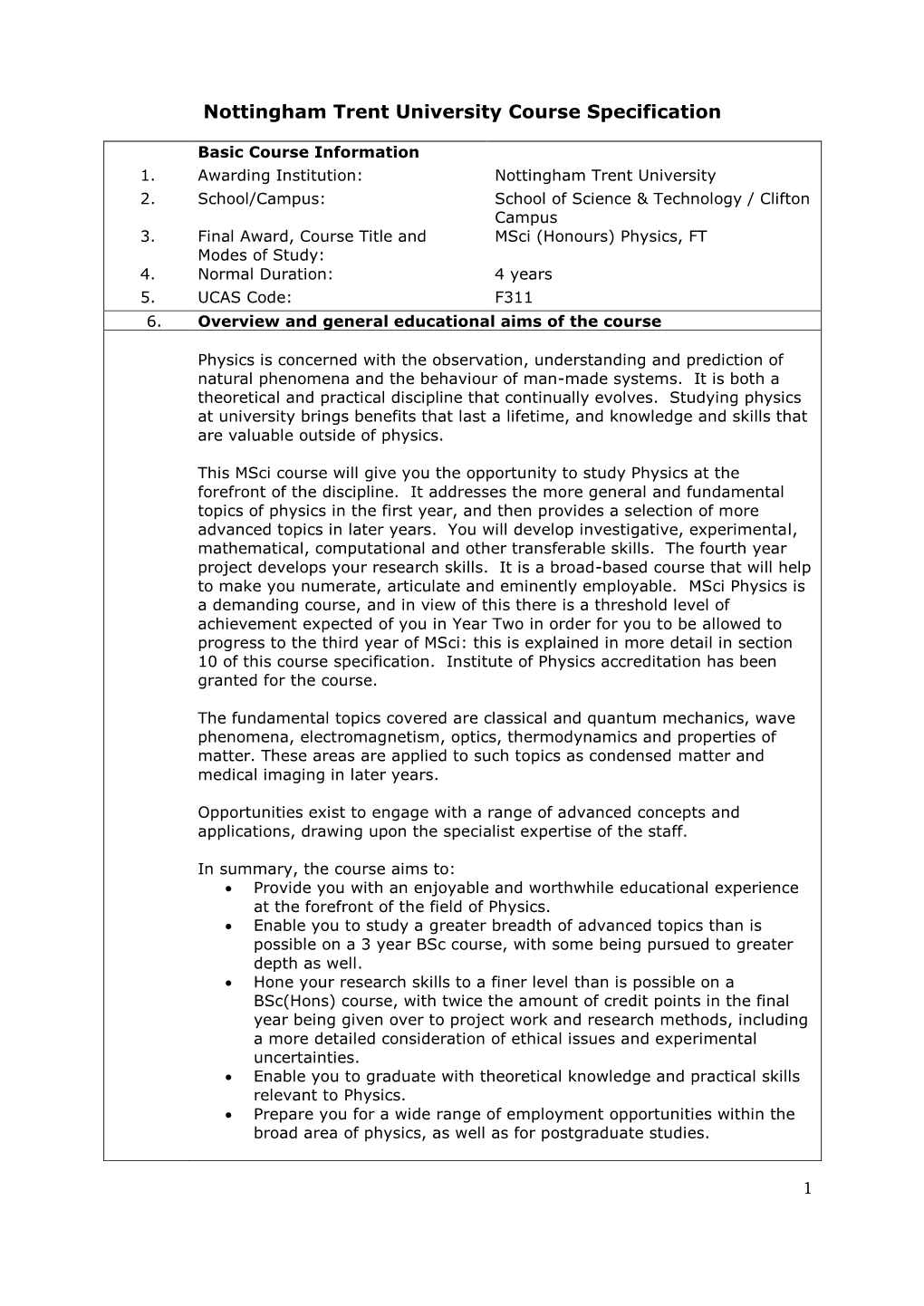 Nottingham Trent University Programme Specification