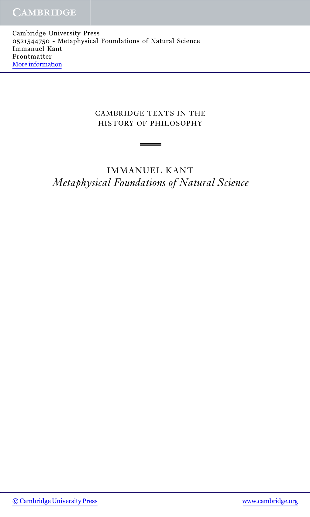 Metaphysical Foundations of Natural Science Immanuel Kant Frontmatter More Information