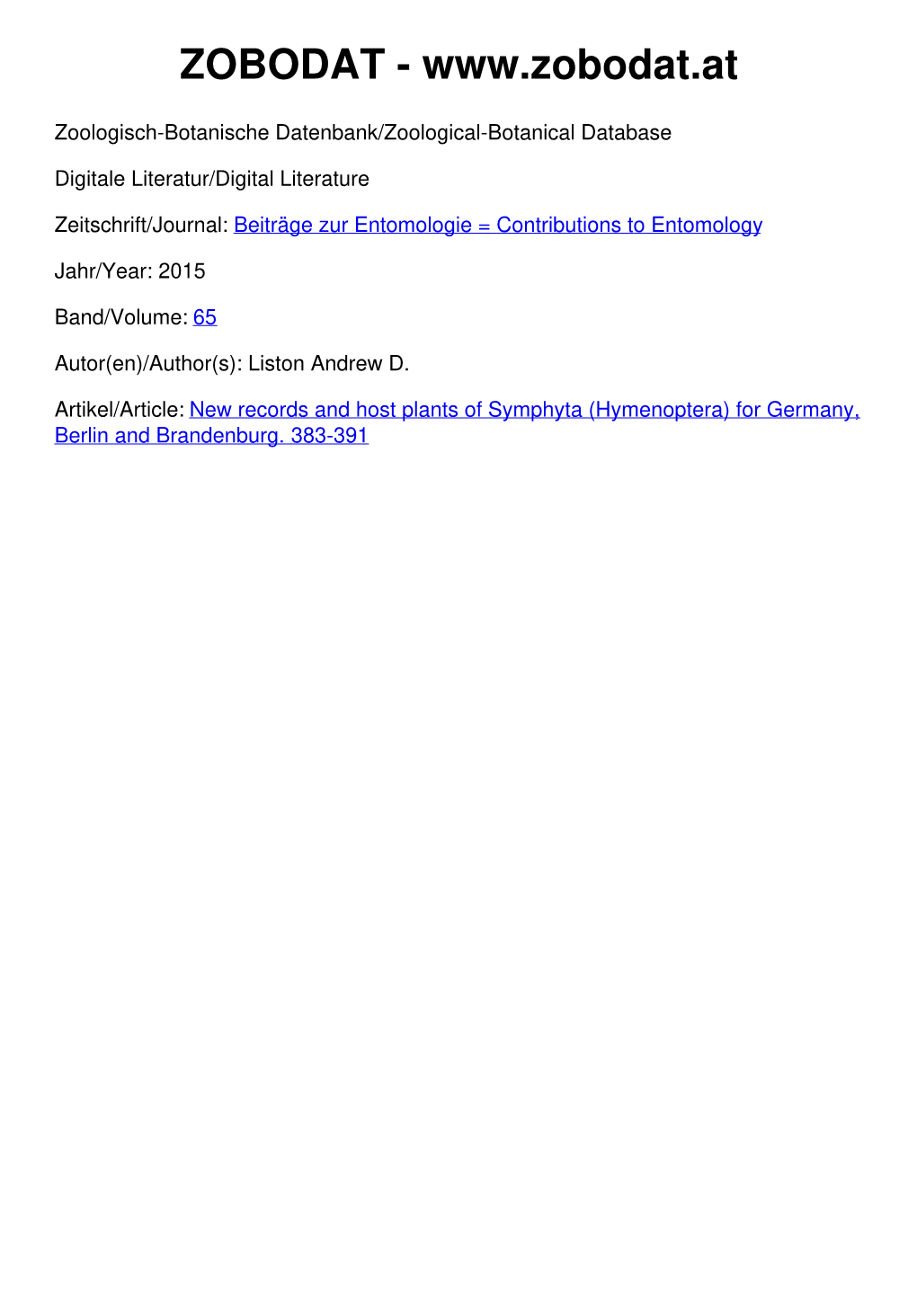 New Records and Host Plants of Symphyta (Hymenoptera) for Germany, Berlin and Brandenburg