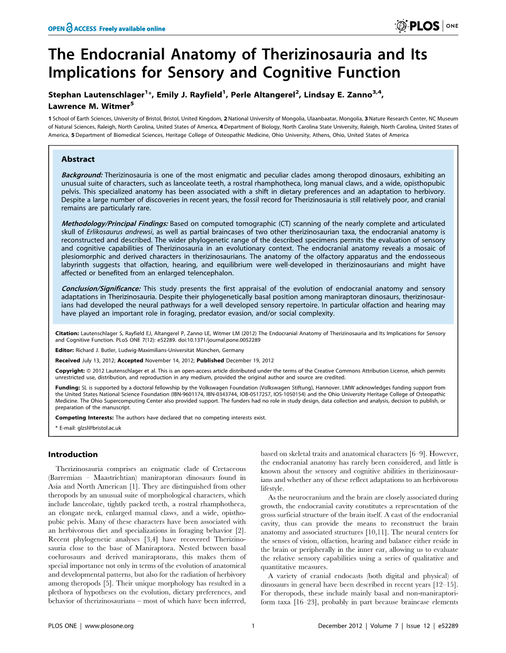 The Endocranial Anatomy of Therizinosauria and Its Implications for Sensory and Cognitive Function